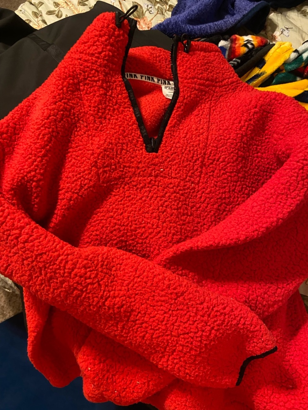 Victoria's Secret PINK Red Sherpa Jacket with Black Trim